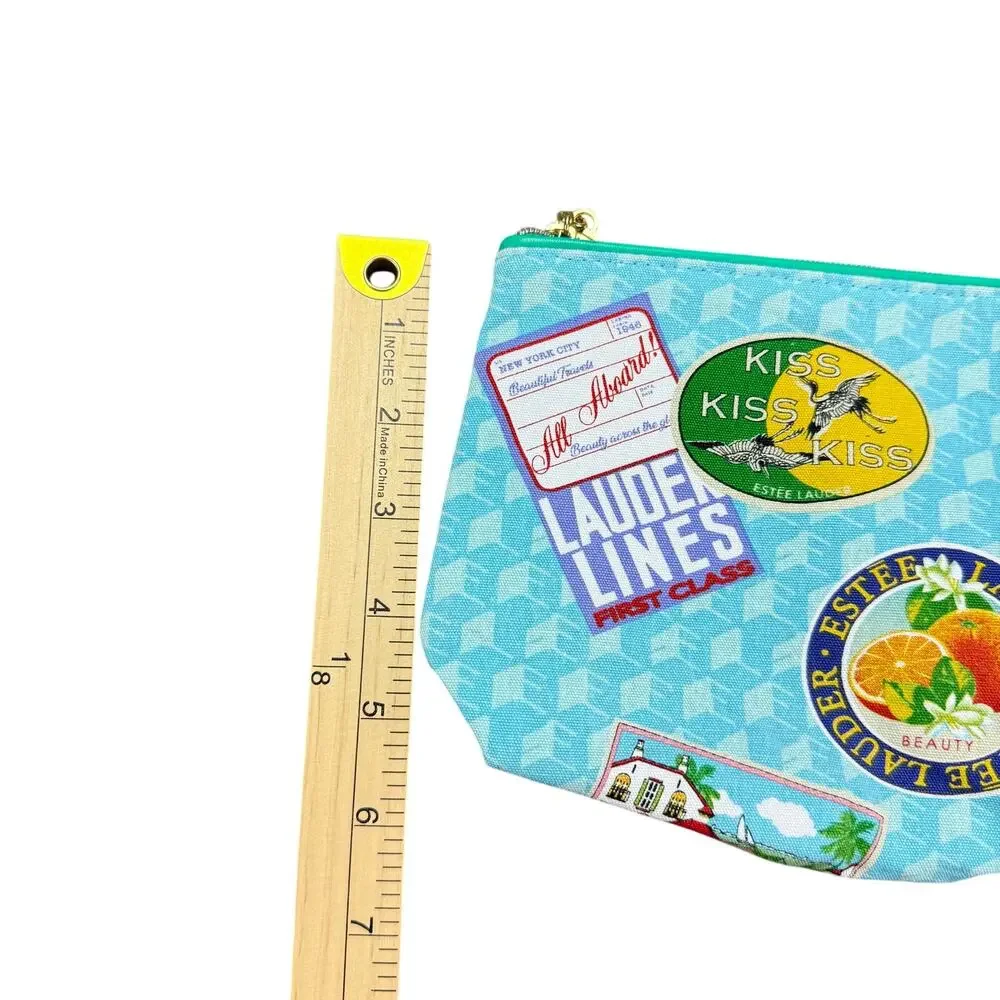 Estée‎ Lauder Cosmetic Makeup Bag Blue with Various Sticker like Designs - Picture 4 of 7